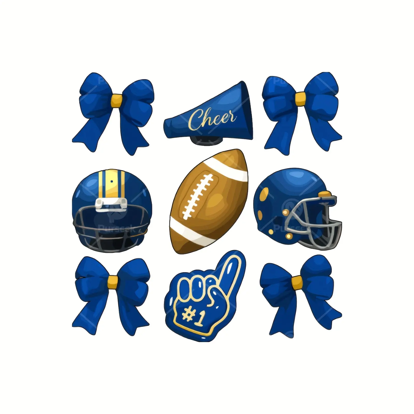 4-Piece Blue & Gold Football Cheerleader Patches, Megaphone, Colorful Balls, Number 1 Fan Logo, DTF Fabric, Ideal for Sports Apparel