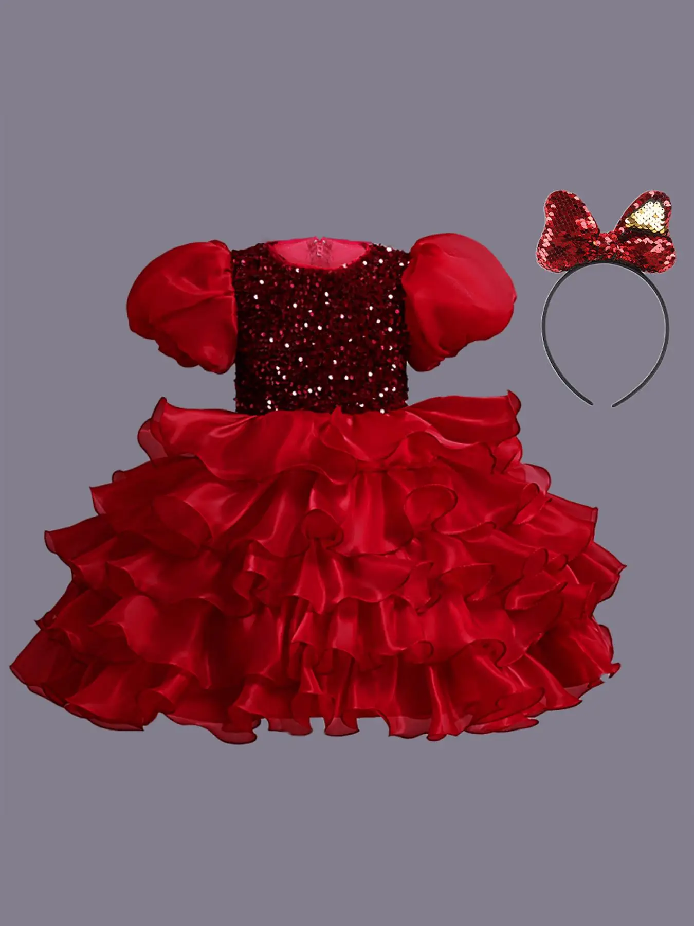 Girl's Contrast Sequin Tiered Layer Ruffle Trim Dress with Hair Hoop, Elegant Puff Sleeve Round Neck Zipper Back Party Dress for Birthday Performance,