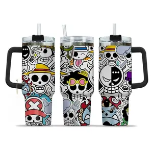 One Piece Anime Quencher Stainless Steel Tumbler 40oz With Handle, Trendy Favorite Anime Themed Tumbler, Unique Aesthetic Best Art Design Cup, Double Wall Vacuum Insulated Drinkware, Reusable Straw Included, Leakproof Travel Mug
