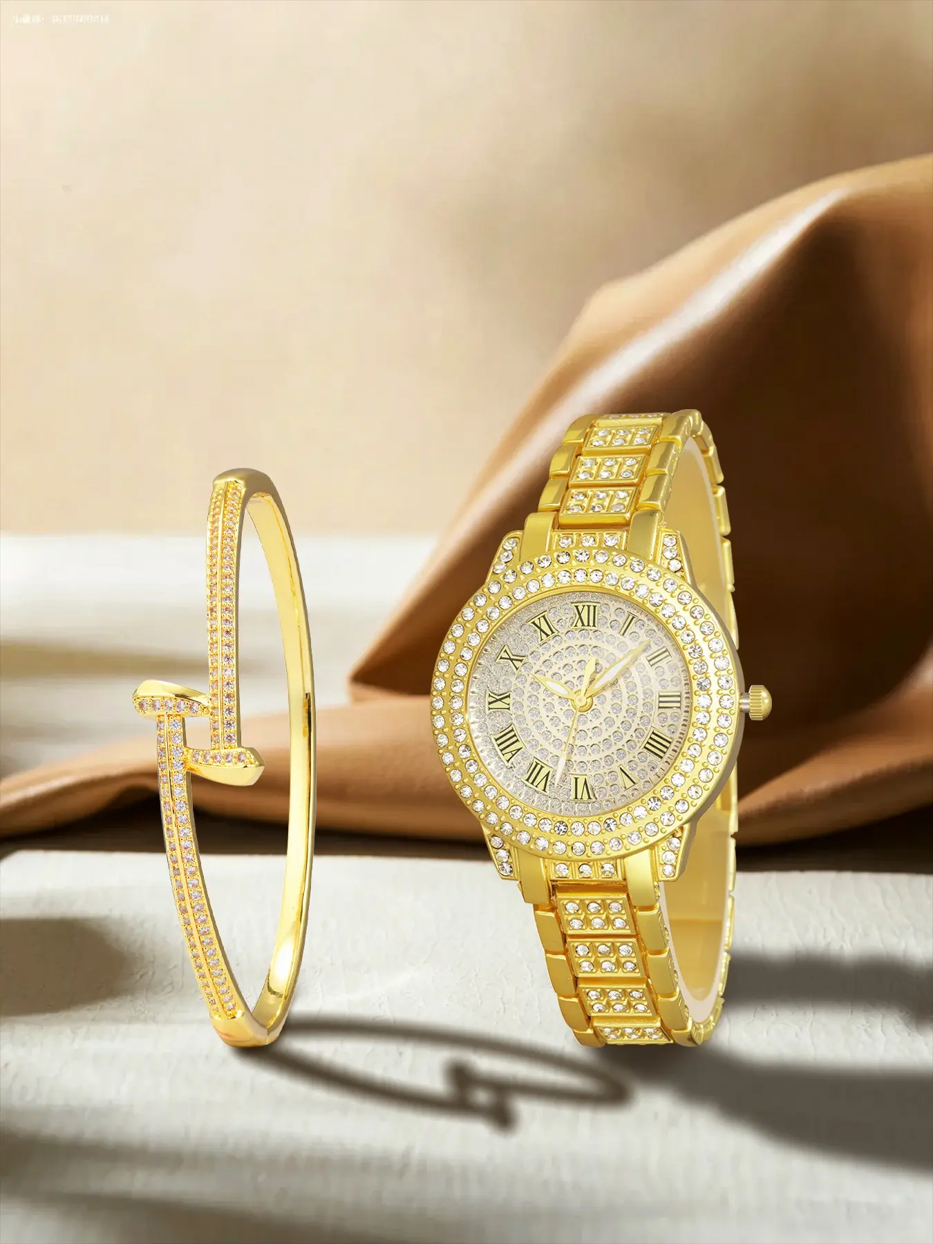 2pcs Women's Luxury Full Diamond Watch and Copper Bracelet Set, Roman Numerals Analog Display Quartz Watch, Casual Style, All Seasons
