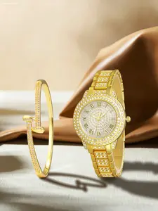 2pcs Women's Luxury Full Diamond Watch and Copper Bracelet Set, Roman Numerals Quartz Watch, Casual Style, All Seasons