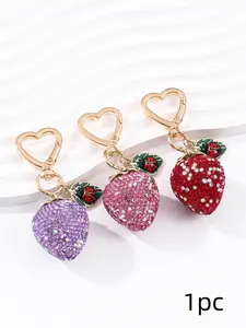 Elegant Rhinestone Strawberry Leaf Ladybug Keychain, Sweetly Embedded Alloy Bag Charm, Trendy Gift for Friends and Family