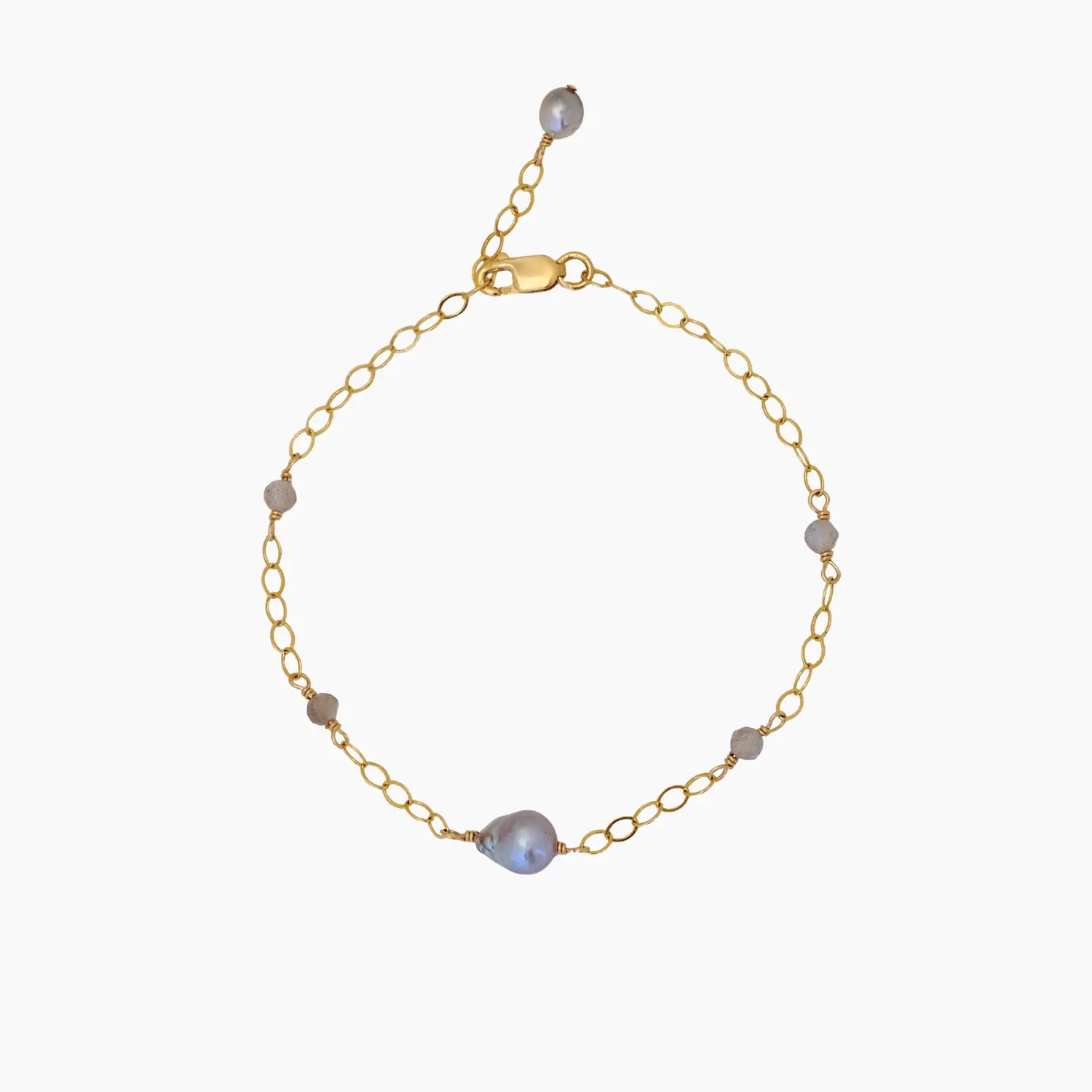 Sakura Akoya Keshi Real Pearl Bracelet - 14kt Gold Filled with Labradorite Gemstone, 7.5in Adjustable Chain with Lobster Clasp, Everyday Wear Bracelets, Natural Unisex Jewelry Accessory, 7 1/2 Inches, No Warning Applicable