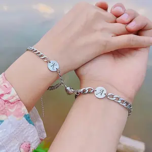 1 pair Personalized Initial Bracelet Stainless Steel Couple Bracelet 26 letters charm custom 26 letters charm couple Bracelet heart magnet attract stainless steel bracelets for women men