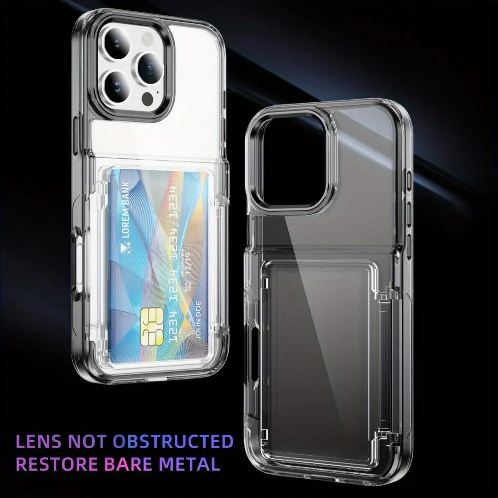 Clear Card Slot Wallet Phone Cover for iPhone 17/16/15/14/13/12/11 Pro Max Plus Air, Transparent PC TPU Case, Glossy Buttons & Camera Metal Frame