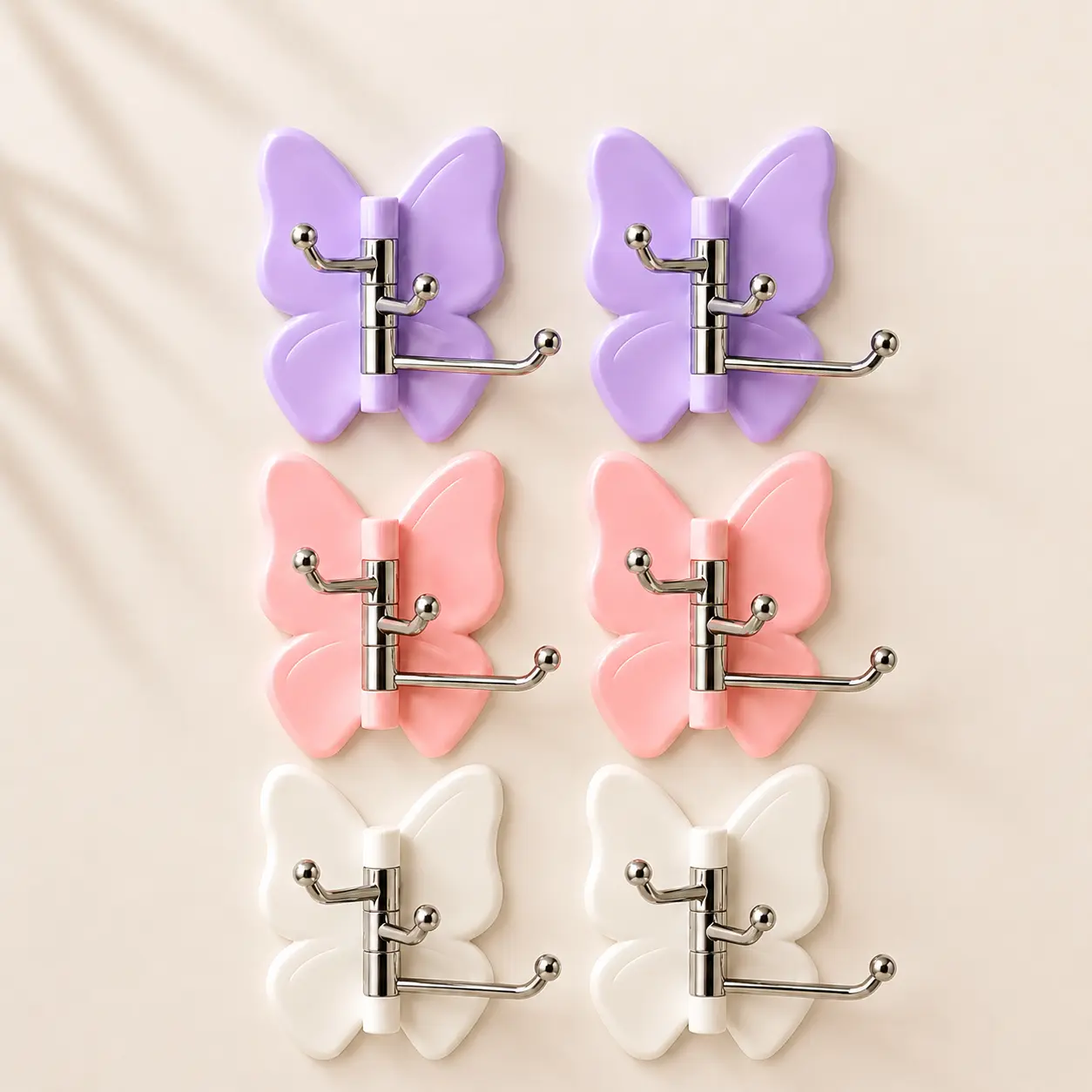 Rotating Butterfly Home Organizer Hooks, 6-Pack Strong Adhesive No-Drilling Hooks for Towels, Bags