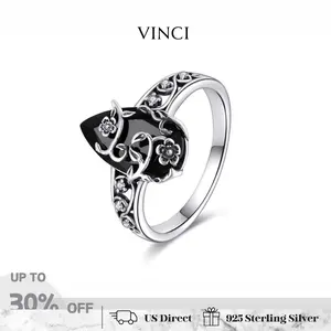 925 Sterling Silver Obsidian Ring with Floral Pattern Design, Synthetic Black Onyx and Flower Ring, Elegant Vintage, Hollow-out Flower Cubic Zircon Adjustable Size for Women, Mystery and Protection Spiritual Healing Jewelry for Girls for Daliy Wear