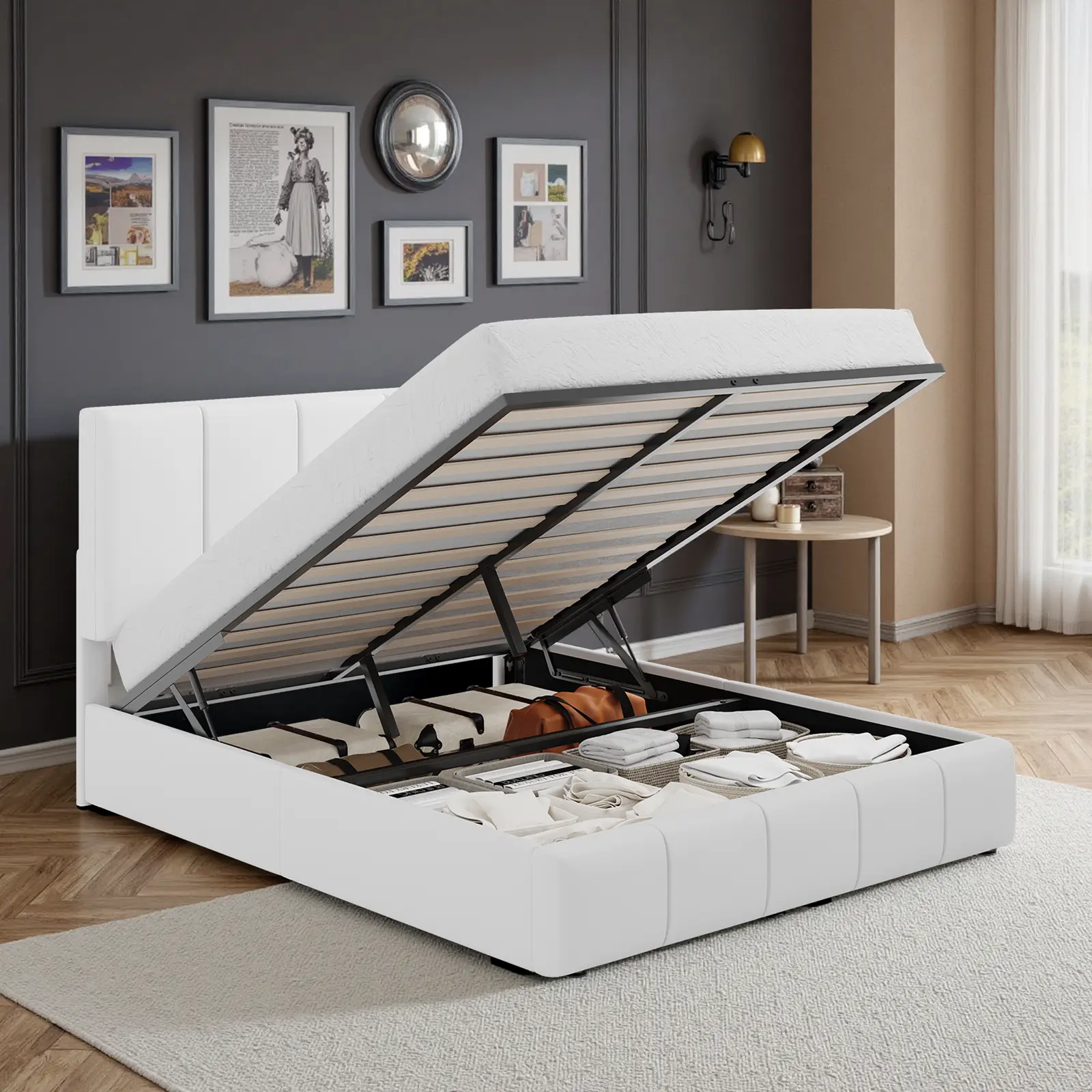 HOOMIC Upholstered Storage Bed Frame【Frame Only No Mattress】with Hydraulic Lift Base,Wide Vertical Stripe Dutch Velvet,Full/Queen/King,Black/White/Grey#TikTokShopDealsforYouDays#DealsforYouDays#Summervibes#Summergarden