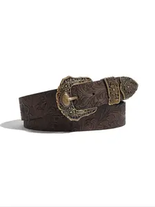 Women's Vintage Western Cowboy Belt with Western Embossed Buckle, Floral Copper Head, Fashion Accessory for Music Festivals and Halloween Decor, Western Belt Buckles