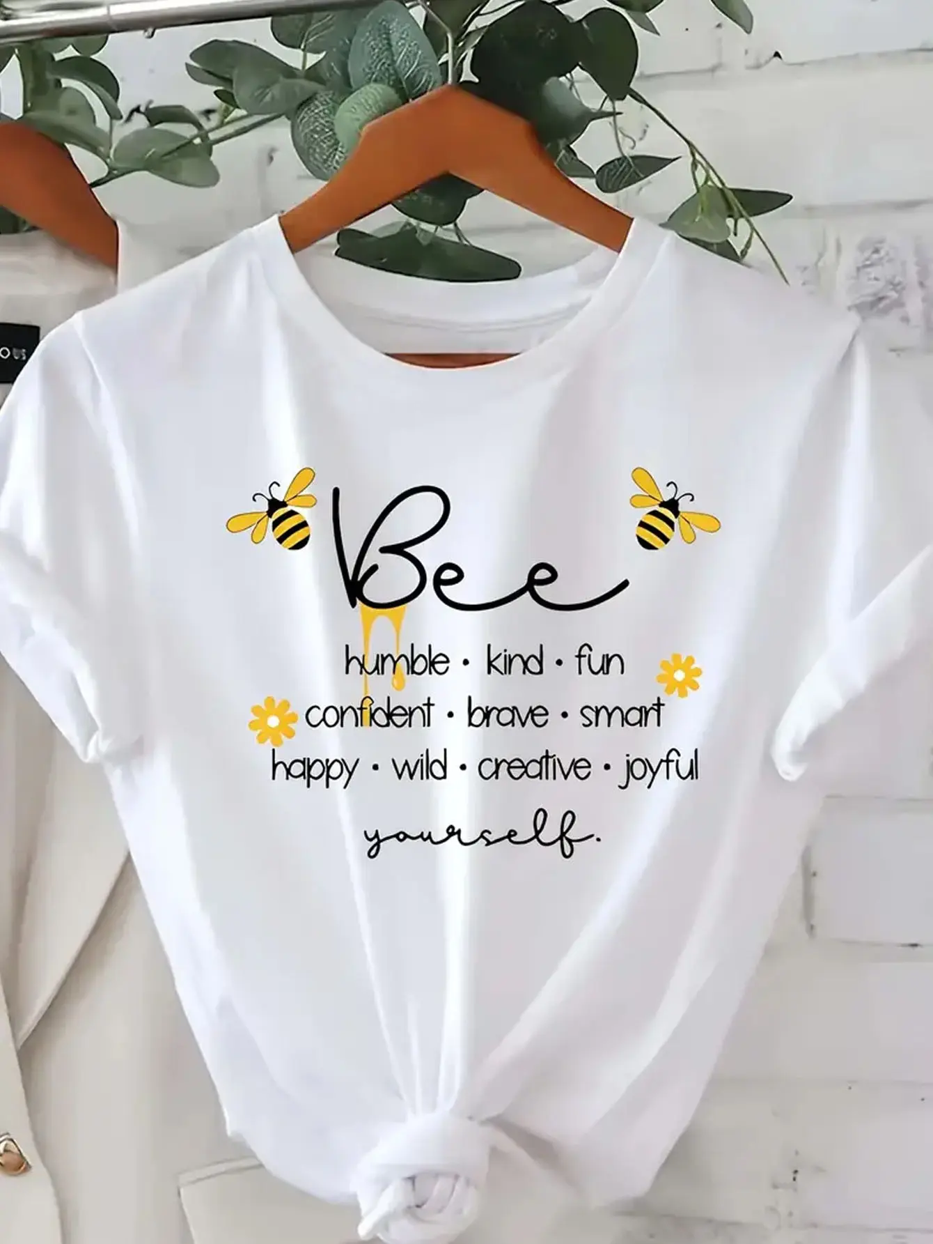 Unisex Motivational Bee Print T-Shirt, 180G, Short-Sleeved Round Neck Casual Top with Cheerful Quotes, Yellow And Black Design for Everyday Wear in Spring, Summer, And Autumn