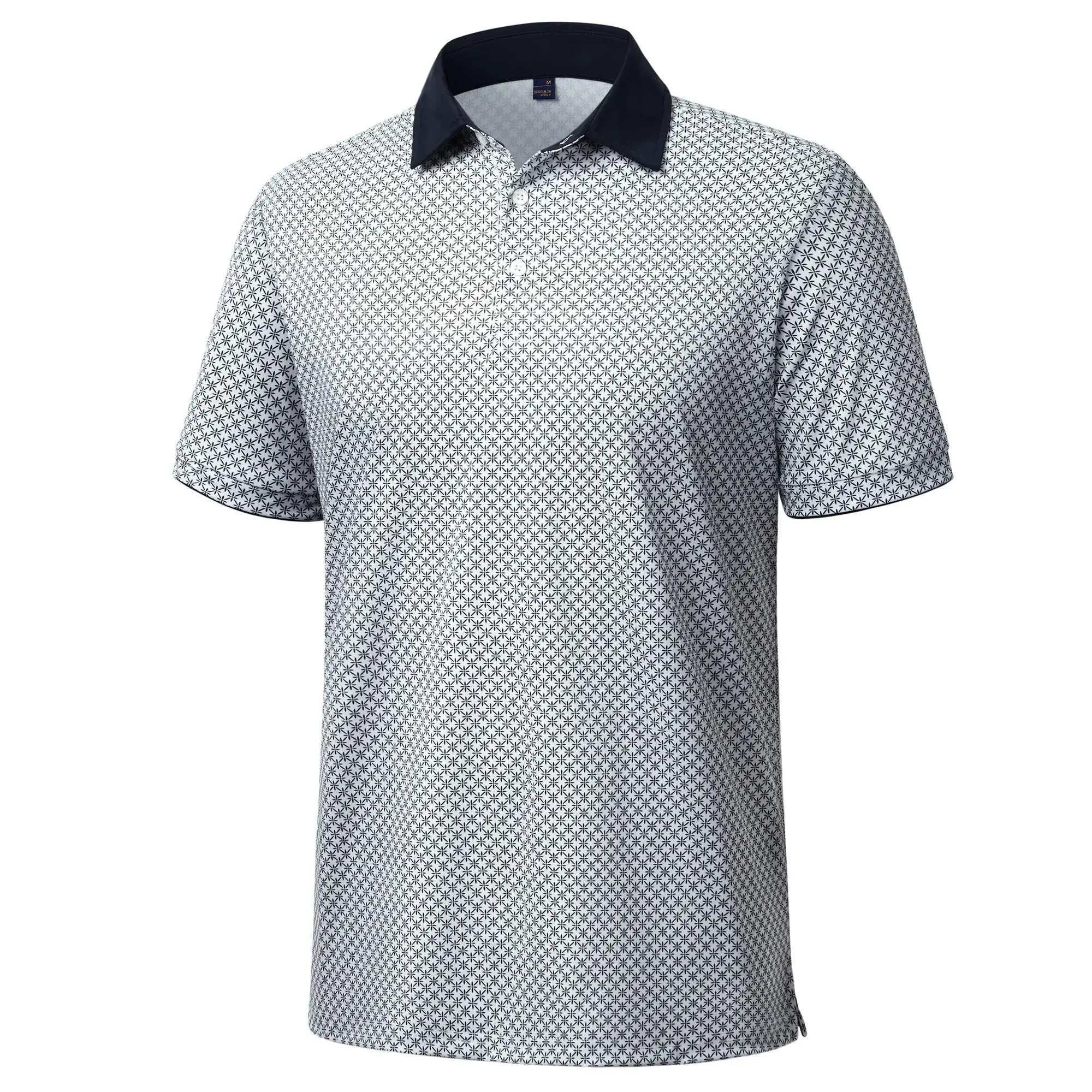 Men's Geometric Star Print Polo Shirt – Lightweight Moisture Wicking Stretch Polo with Contrast Collar