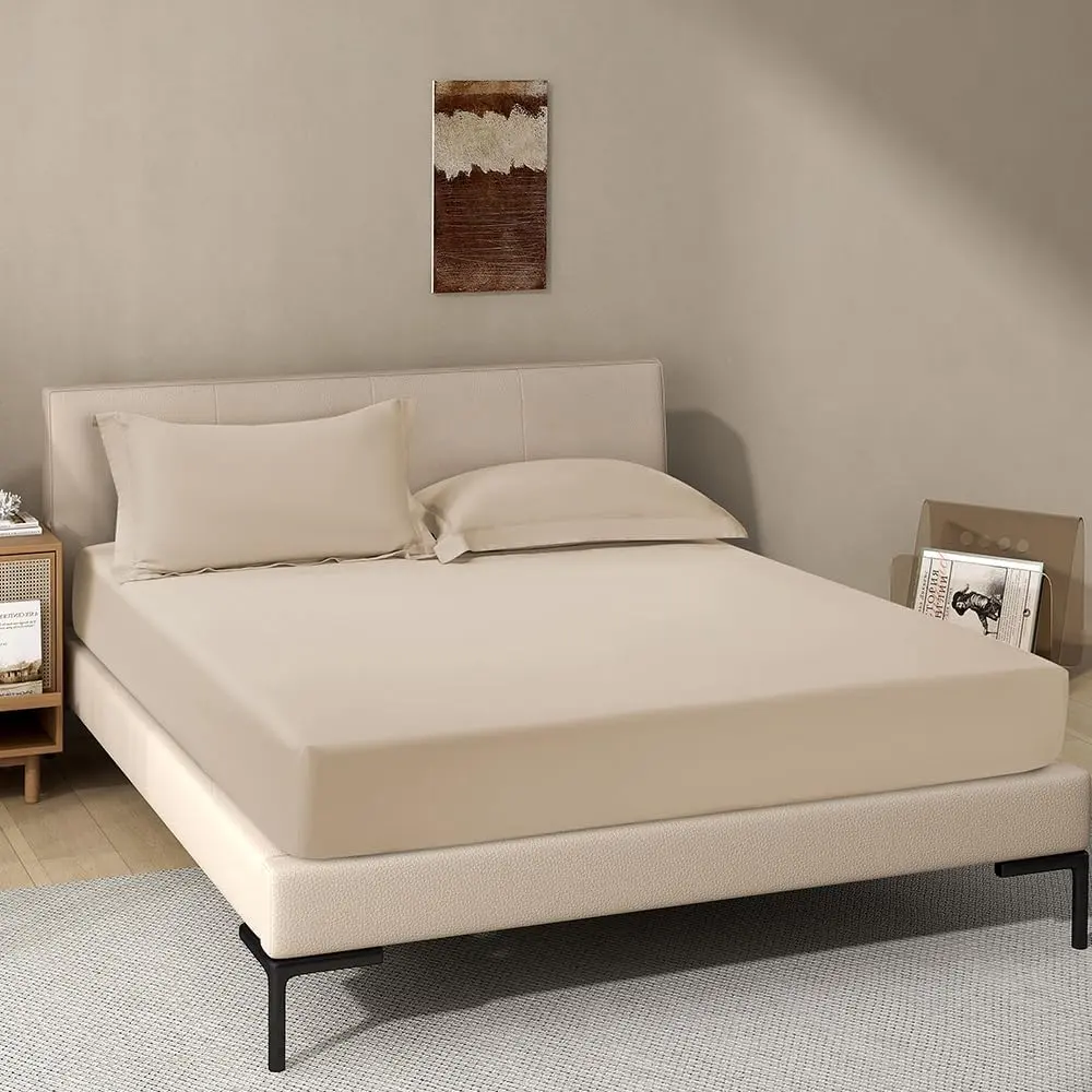 Khaki Fitted Sheet,Queen Size Fitted Sheet with Deep 18 inch,Soft & Breathable FittedSheet Fits 18 inch to 24 inch Mattress