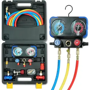 R1234yf AC Gauge, 3 Way AC Manifold Gauge Set for R1234yf Refrigerant, Refrigerant Gauges with 5FT,R410a Adapter, Puncturing Can Tap, Anti-Collision Dials Provide More Accurate Reading