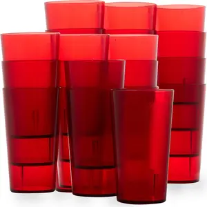 Restaurant Grade,  12oz Red Plastic Cups 24pk. Super Durable, Break Resistant Drinking Glasses for Cafe, Party, Catering. , Stackable Tumblers with Textured Grip Design