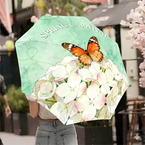 Auto Open Close Umbrella, 8 Ribs, Compact Foldable Design, Lightweight Retractable, Spring Ball Butterfly Watercolor Pattern, Travel & Daily Use