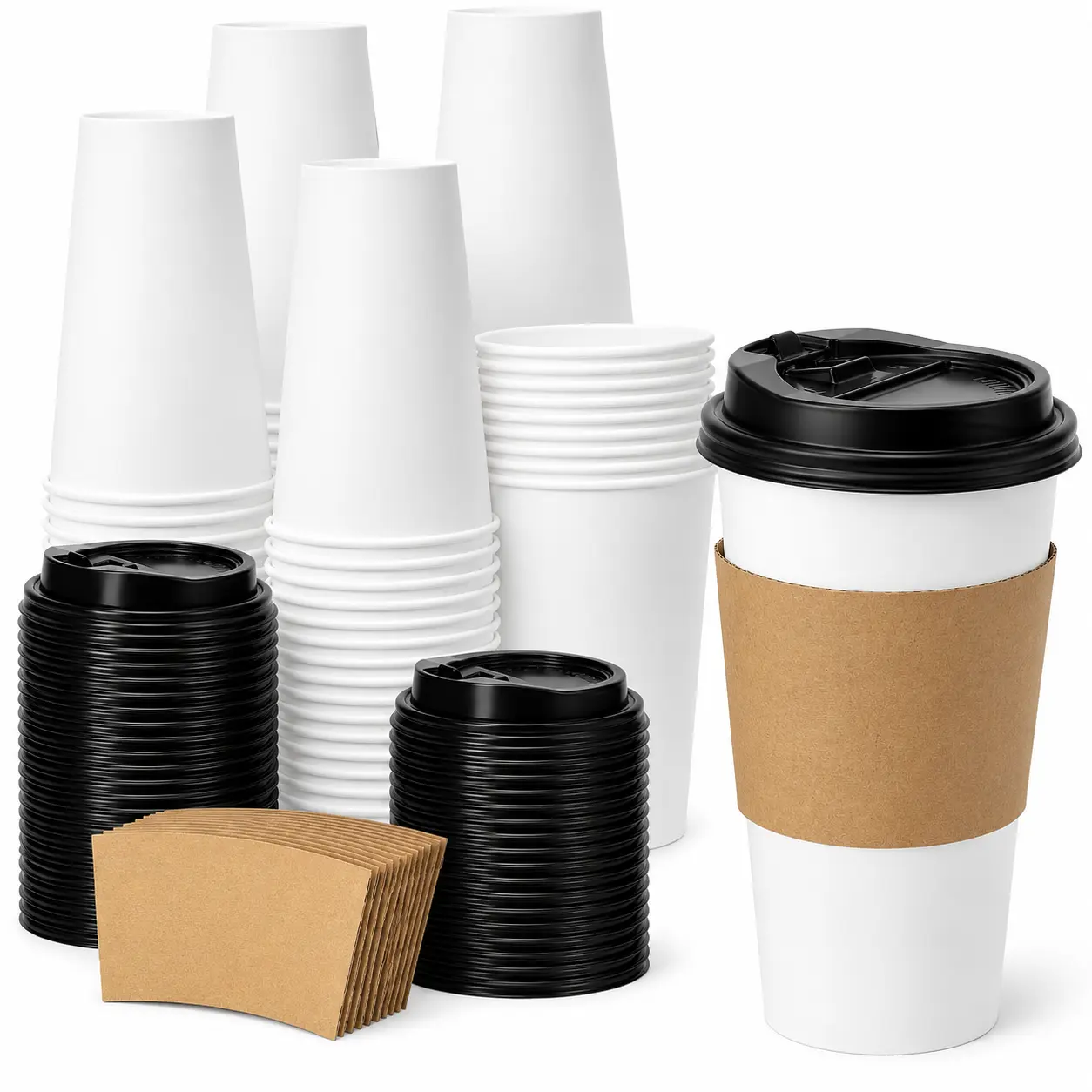 20 oz Paper Coffee Cups with Lids & Kraft Sleeves – 100 Sets | Disposable Hot Coffee Cups | Leak-Resistant | Coffee, Tea & Hot Chocolate