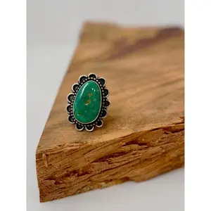 Oval Scalloped Royston Turquoise Ring - Sterling Silver - Native Handmade - Size Adjustable