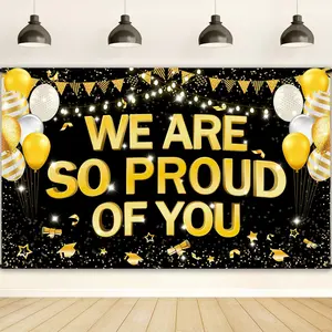 We are So Proud of You Banner 72x44 Inch, Congratulations Backdrop Decorations, Large Black and Gold Congrats Grad Banners Signs, Class of 2023 Graduation Party Background Supply