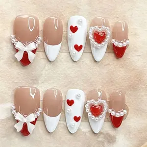 Heart Pearl Press-On Nails Almond Handmade Fake Nails Glitter Gradient False Nails With Bow Designs 10pcs Nails For Women Girls