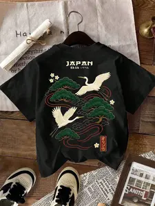 Men's Japanese Cultural Crane & Pine Tree Print T-Shirt, Loose Fit Ukiyo-E Print with Japanese Text, Breathable Streetwear Short Sleeve Top