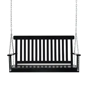 Outdoor 2-Seater Hanging Porch Swing Chair, Slatted Build with Chains, 440lbs Weight Capacity, Black Patio Swing Furniture
