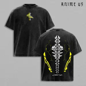 Cyberpunk Sandevistan Netrunner T-Shirt, Spinal Tattoo EdgeRunners Unisex Tee Washed Heavyweight Cotton Cyberpunk 2077 Gamer Streetwear, Retro Anime Techwear Gift