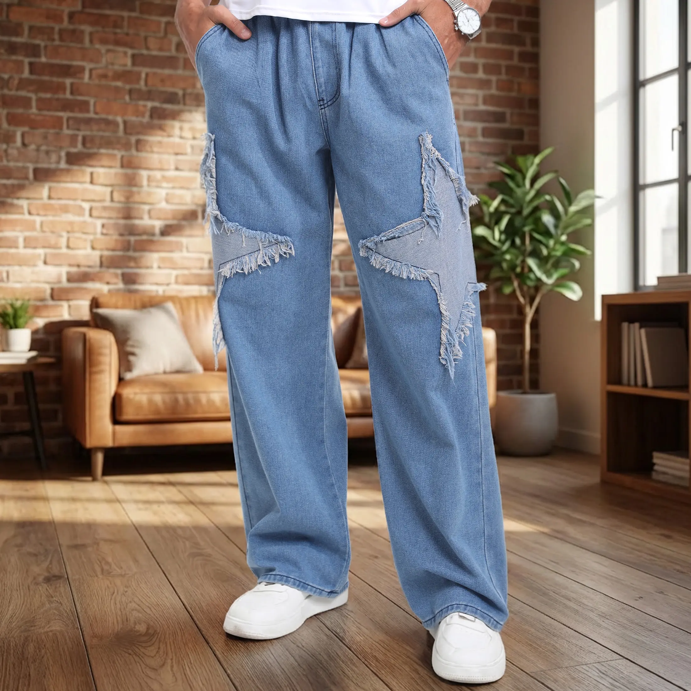Men's Comfort Star Patch Jeans Boy's Soft Wide Leg Denim with Elastic Waist Springfresh