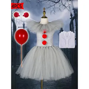 4pcs Halloween Girls' Handmade Knit Dress Clown Horror Atmosphere Witch Dress Halloween Carnival Easter Outfit Skirt Tutu Dress & Balloons & Gloves & Hair Tie, as Birthday Gift for Girls