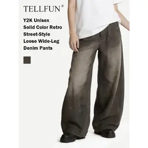 TELLFUN- Y2K Washed Barrel Leg Baggy Jeans | Unisex Faded Streetwear Denim men kik