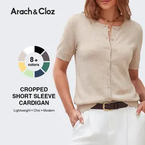Arach&Cloz Women's Wool Blend Cropped Lightweight Short Sleeve Business Casual Cardigan Tops 2026 SummerVibes