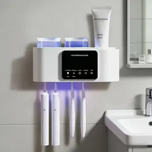 2 Cups Toothbrush Holders with Ultraviolet Disinfection  Waterproof Durable Heat Resistant Odourless Dispenser Squeezers Bathroom Accessory Black Sticky Hook Quick Drying