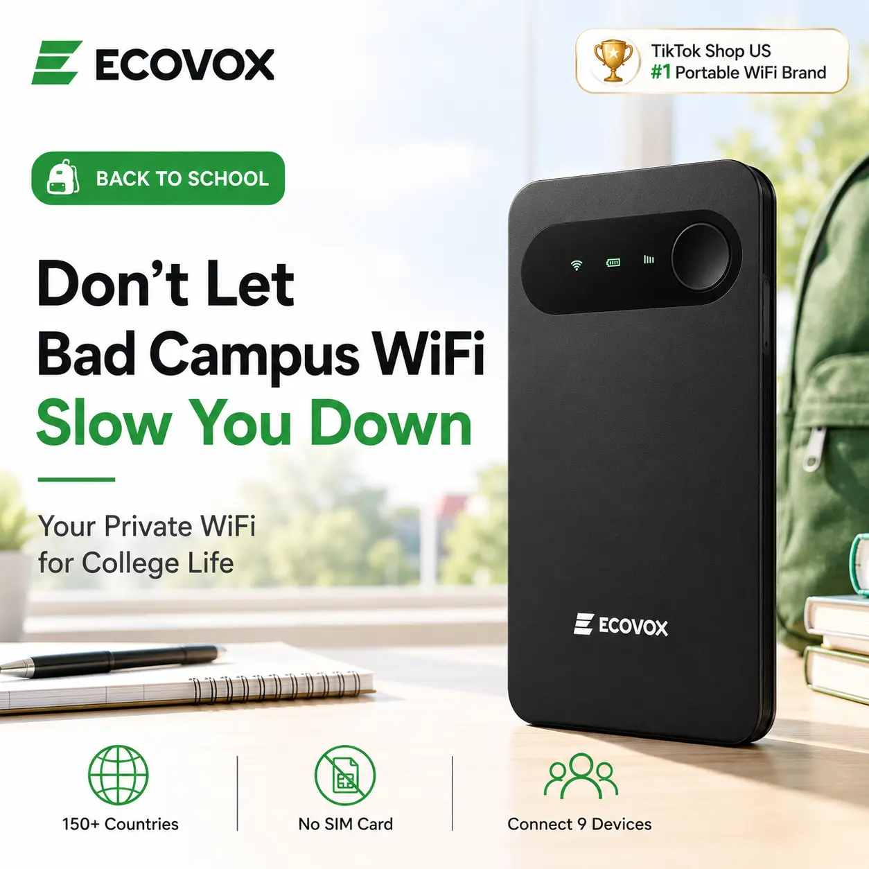 ECOVOX 2026 Portable WiFi Hotspot for Students | Study Abroad & College Essentials | No SIM Card Needed, Pay-as-You-Go Data Plans | Free 1GB Starter Data | Connect Up to 9 Devices | 4G LTE Pocket WiFi for Dorm, Campus & Travel | Back To School