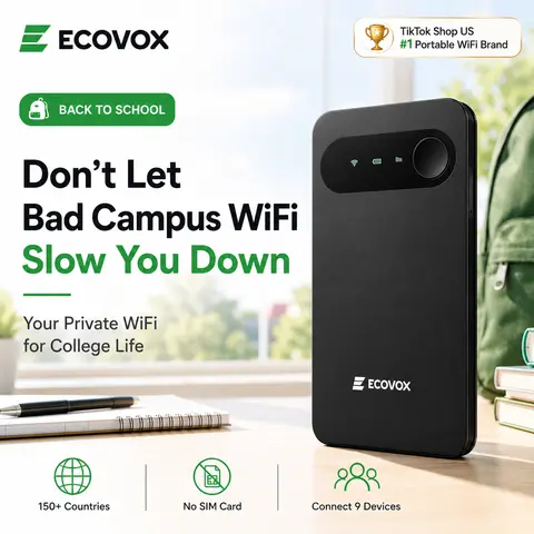ECOVOX 2026 Plastic Portable Wireless WiFi Hotspot - 4G LTE, 802.11a, Single-Band, USB, 3C Digital Accessory, No SIM/Contract, Pay-as-You-Go Data, Free 1GB Data, Connect 9 Devices, Simple Design, International Use for Students