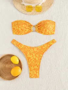 Women's Two-Piece Bikini Set Fashion Sexy Bandeau Floral Tie Swimsuit Beach Vacation Swimwear, Slim-Fitting Moderate Fabric All Seasons