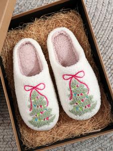 christmas plush slippers, creative bowknot embroidered tree design, unisex indoor outdoor warm non-slip shoes, fall winter gift