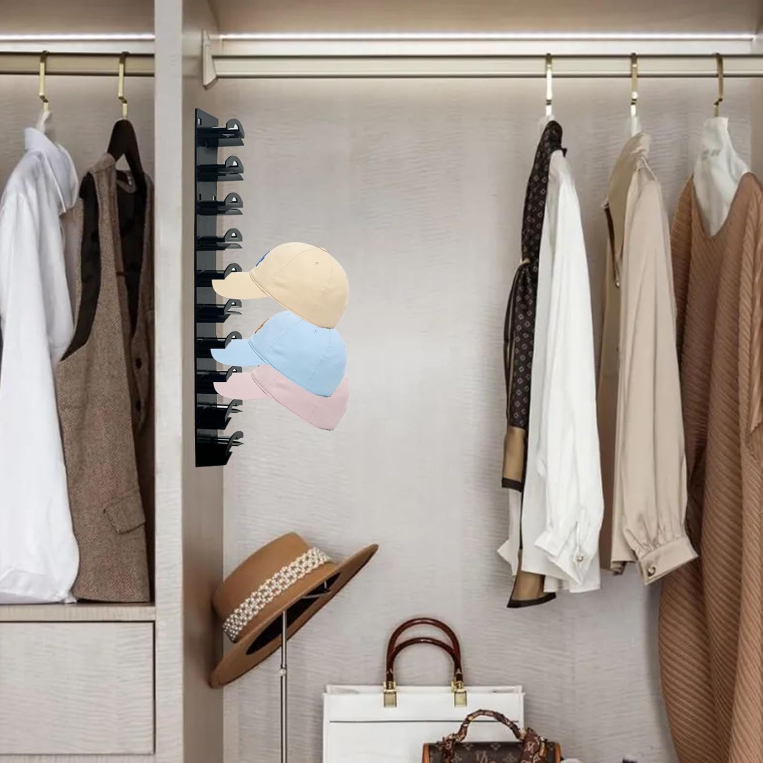 1 ps 10 Hat Organizer for Baseball Caps, Hat Rack for Wall with Strong Adhesive, Cap Organizer for Door, Bedroom, Closet (Black)