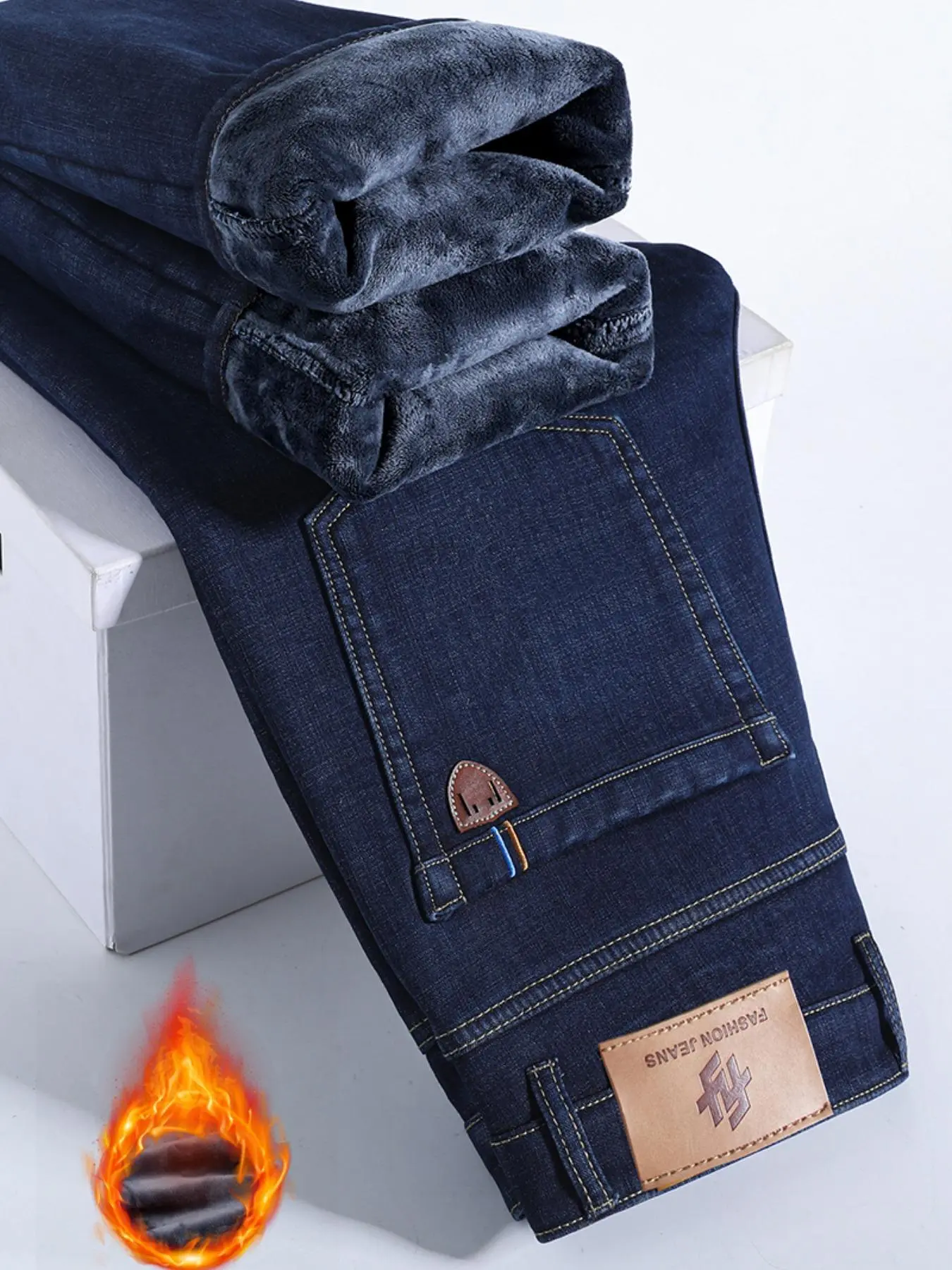 Men's Fleece Lined Denim Jeans, Loose Straight Leg Long Pants, Warm Cotton Elastic Fashion for Fall & Winter