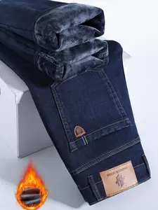 Men's Fleece Lined Denim Jeans, Loose Straight Leg Long Pants, Warm Cotton Elastic Fashion for Fall & Winter