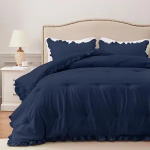 Queen Comforter Navy - Ruffle Comforter for Queen Size, Fluffy Queen Size Comforter for Seasons, 3 Comforter(1 Comforter  2 Pillow Shams)