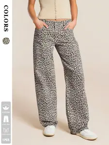 1 Pair Women's Leopard Print Wide Leg Jeans, Casual Fitted Denim Jeans, Vintage Street Style, Spring Summer Fashion, Daily Wear, Friends Gathering Pants