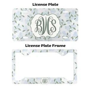Personalized Floral License Plate and Frame | Custom Monogram Blue Hydrangea Vanity Plate | Elegant Pink Flower Car Accessories | Cute Girly Car Decor | Gift for Her Women