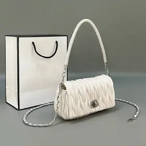 Small Size Women's Handbag with Stylish Ruched Quilted Design, Braided Top Handle & Detachable Silver-Tone Chain Strap