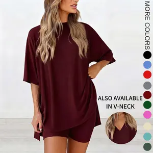 2026 Women's Solid Color Round Neck Two-Piece Set - Plus Size Breathable Short Sleeve T-Shirt & Fitted Design Tight Shorts with Pockets - Soft Stretch Summer Loungewear - All-Season Comfort Home & Outdoor Wear