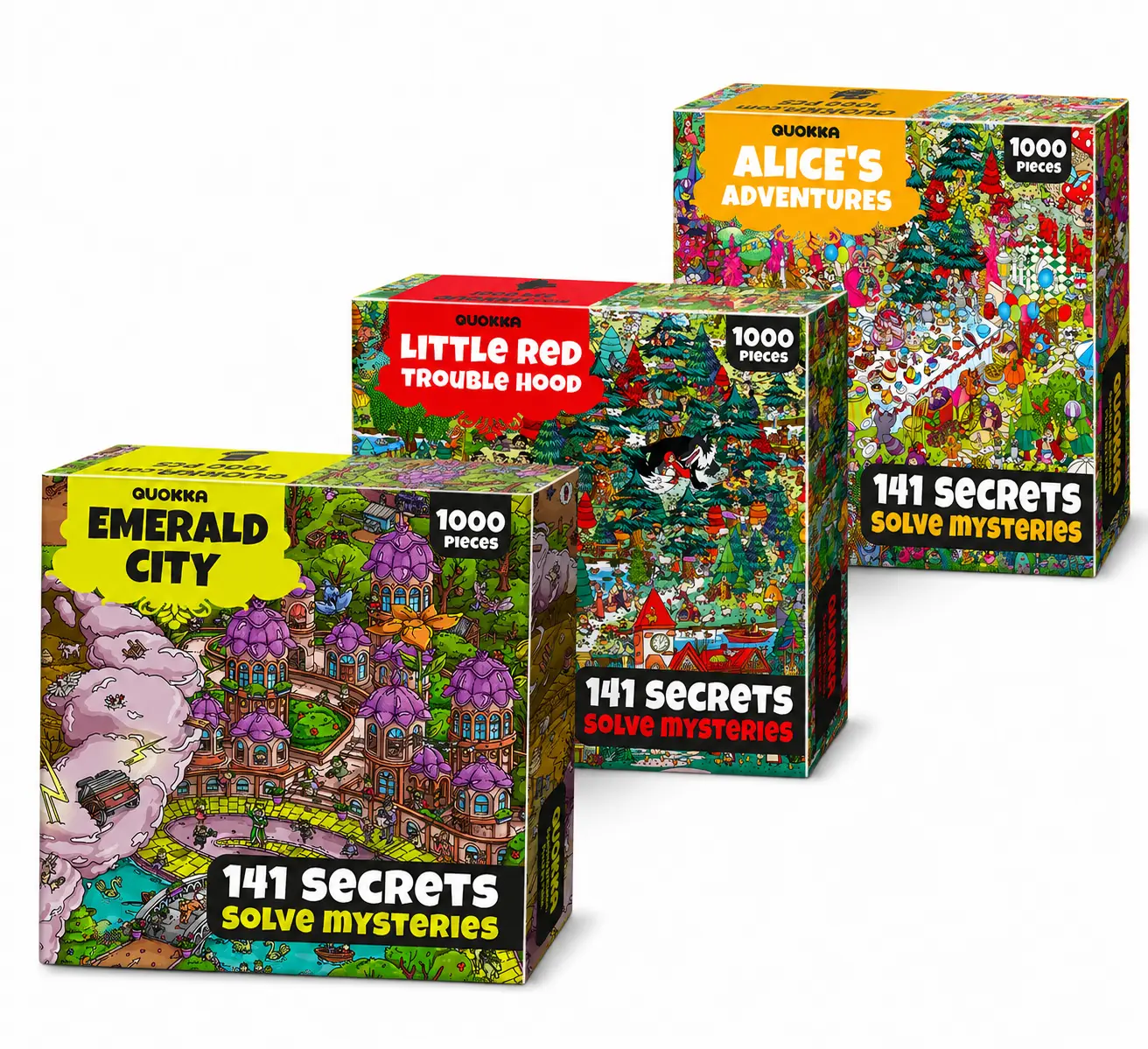 QUOKKA 3-Pack 1000-Piece Classic Tales Jigsaw Puzzles - 15+ Years, 31.5x23.5in Horizontal, Emerald City/Alice/Red Riding Hood, Secret, Observation, Expert, Immersive Audio Stories, Mystery Tasks, Screen-Free Toy Alternative
