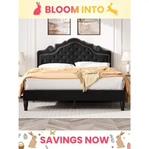 Full/Queen/King Size Black Velvet Upholstered Bed Frame, Adjustable Headboard With Diamond Button Tufted & Metal Studs, Wood Slat Support No Box Spring Needed Easy Assembly + Black Wooden 6-Drawer Tall Dresser, Smooth Metal Rail Large Storage Organizer Be