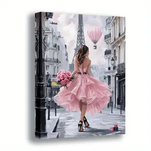 2D Flat, 1 Piece Paris Romantic, Artistic Canvas Wall Art - Pink Dress Lady Eiffel Tower Street Scene Poster, Ready to Hang Vintage Paris Decoration, Suitable for Living Room, Bedroom, Office - Perfect Wedding or Anniversary Gift, Romantic Artwork