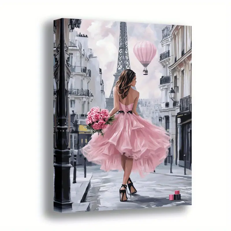 2D Flat, 1 Piece Paris Romantic, Artistic Canvas Wall Art - Pink Dress Lady Eiffel Tower Street Scene Poster, Ready to Hang Vintage Paris Decoration, Suitable for Home & Office - Wedding or Anniversary Gift, Romantic Artwork, Dopamine Decor