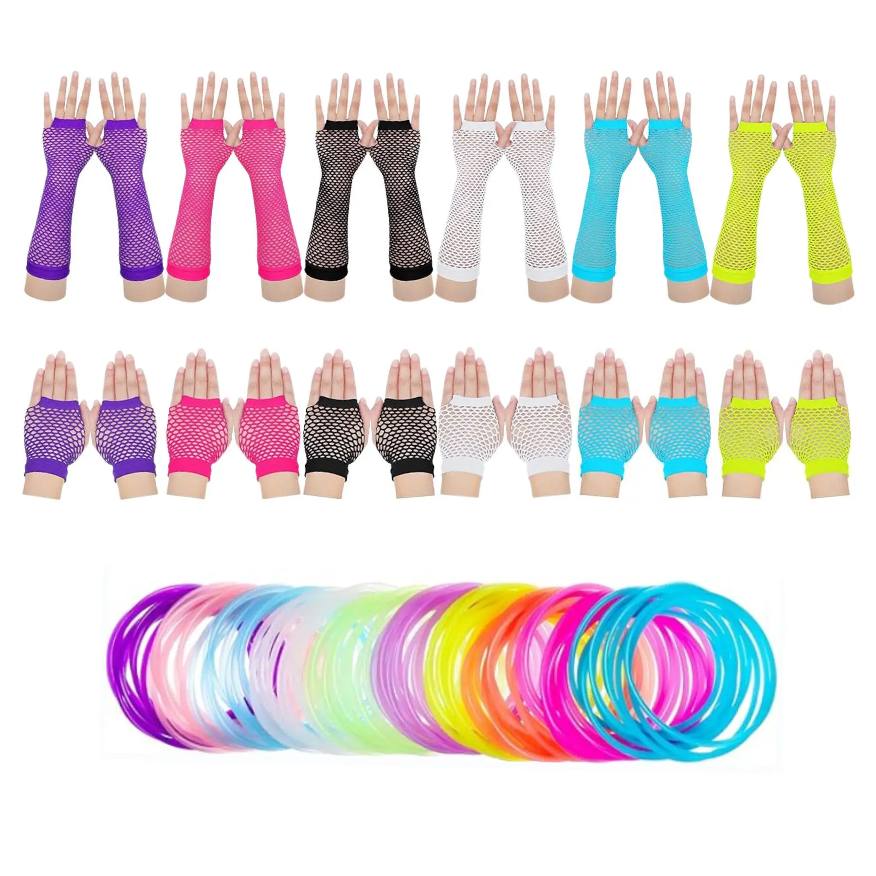 12 pairs of neon fingerless fish net long and short gloves and 100 colorful silicone bracelets, 8090s women's accessories retro party small gifts Halloween party costumes role-playing set