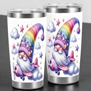 Whimsical Rainbow Gnome And Cloud Plane Design 20oz Stainless Steel Cup,Thermos Cup with Lid ,Reusable Drinking Cup, High-Quality Water Bottle for Iced Coffee, Beer, Juice, Milk, Cold Drinks, Fashionable, Perfect Gift for Coffee Lovers, Friend, Family
