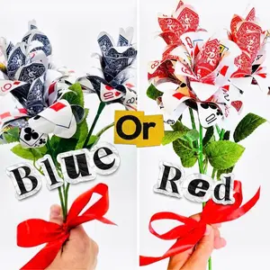 Handmade Playing Card Small Rose Bouquets (Vase Not Included) Perfect For Gifts Of Any Special Occasion - Comes In Two Colors, Red or Blue - You Choose! Real Cards & Green Stems